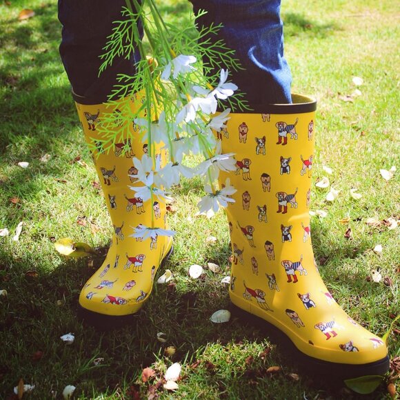 Women's Pup Parade Yellow Waterproof Tall Knee High Rubber landchief Rain Boot - Picture 6 of 7